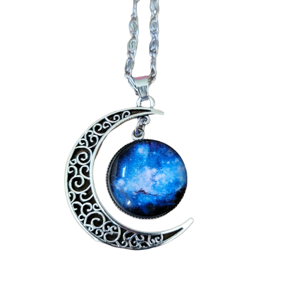 Blue Galaxy moon and sun necklace New
